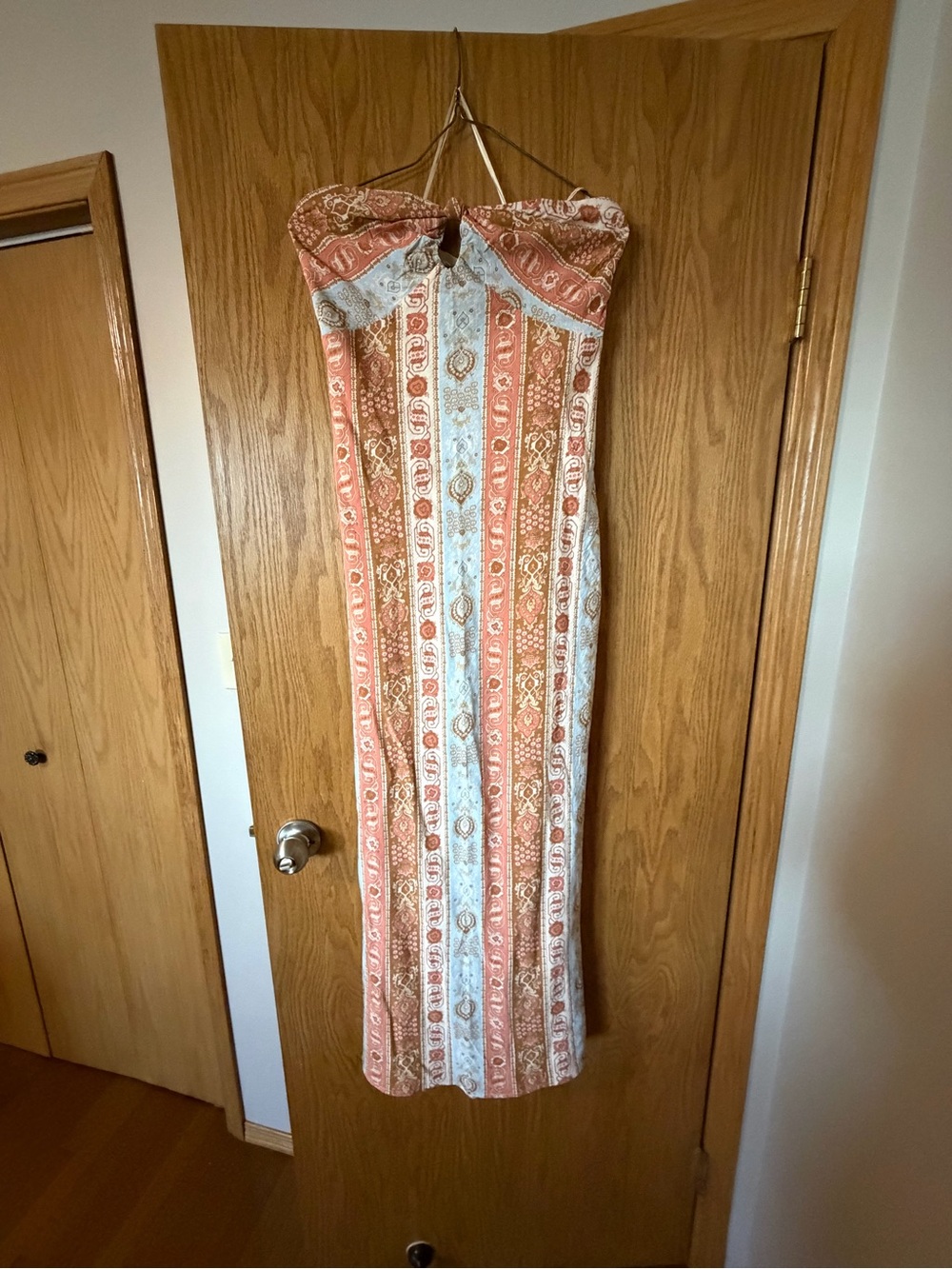 Abercrombie & Fitch Strapless Maxi Dress in Coral, Light Blue and Tan